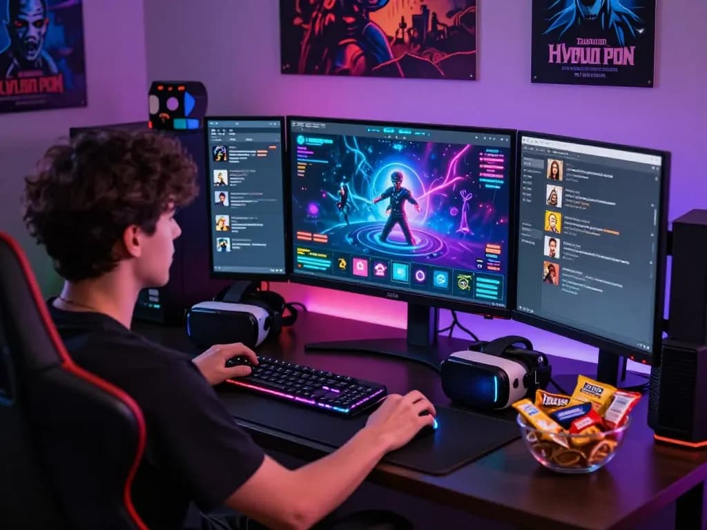 Intense gaming setup featuring a player engaged in hypno porn-themed game with vibrant graphics and LED lights.