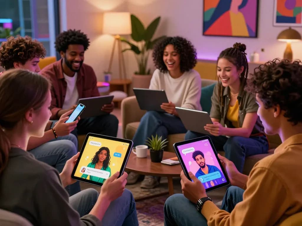 Engaging scene of users interacting with CrushonAI chat characters on devices in a vibrant lounge.