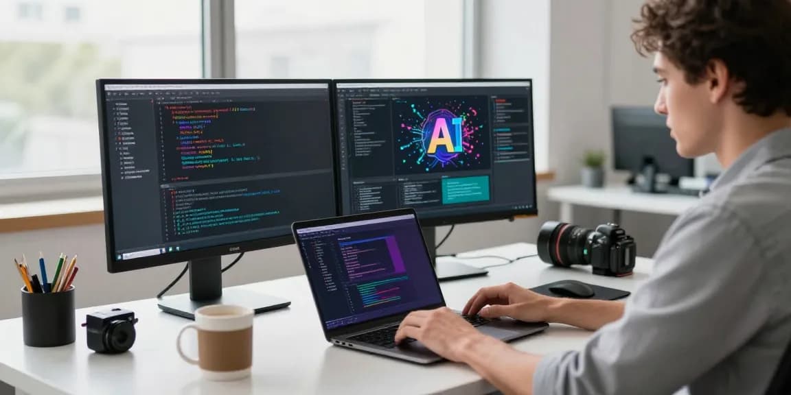 Dynamic tech workspace showcasing spicy AI development with coding on dual monitors, developer engaged with innovative tools.