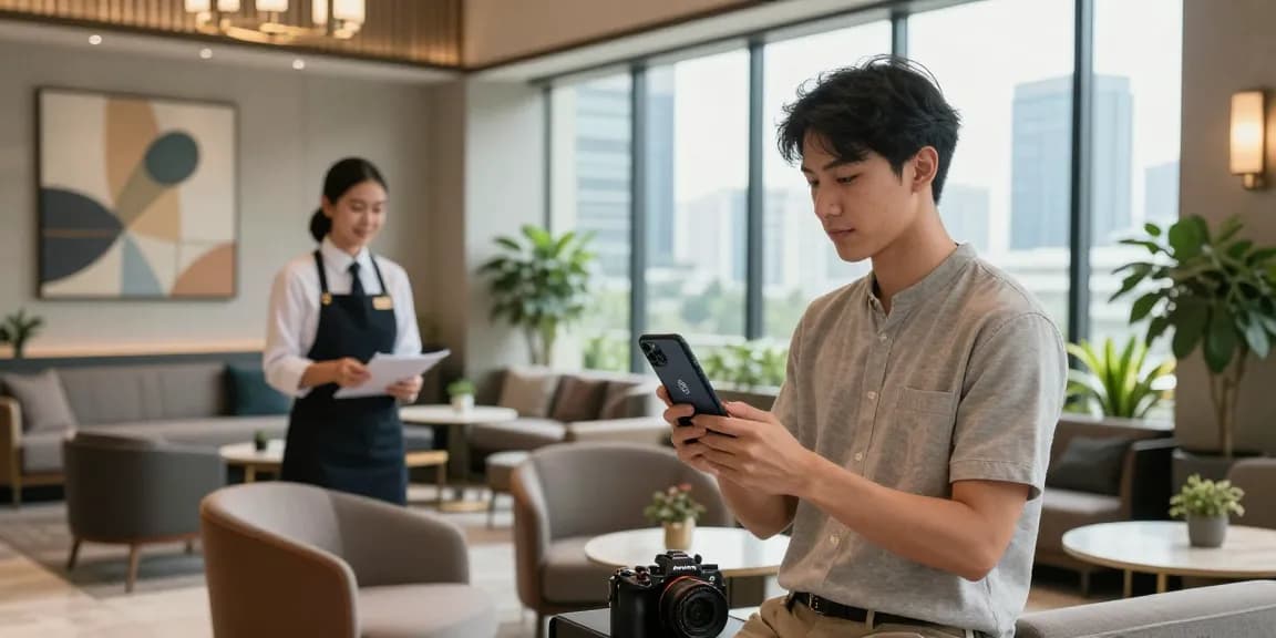 Guest at ROKOK88 Hotel Jakarta Pusat using rokok88 login in modern hotel lobby.