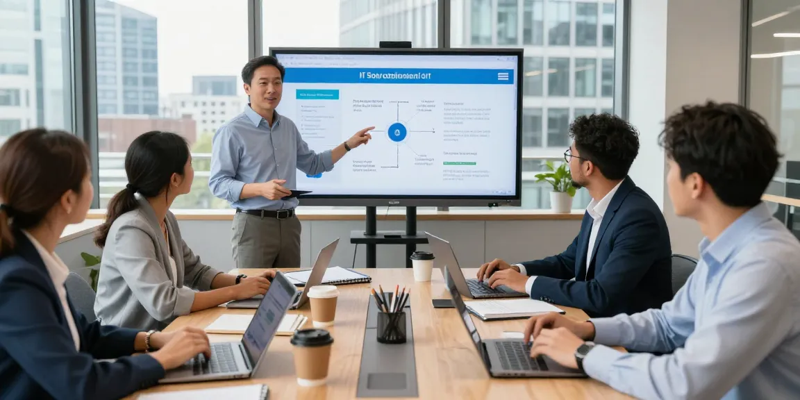 Outsourced IT services London team collaborating in a modern office, presenting effective solutions.
