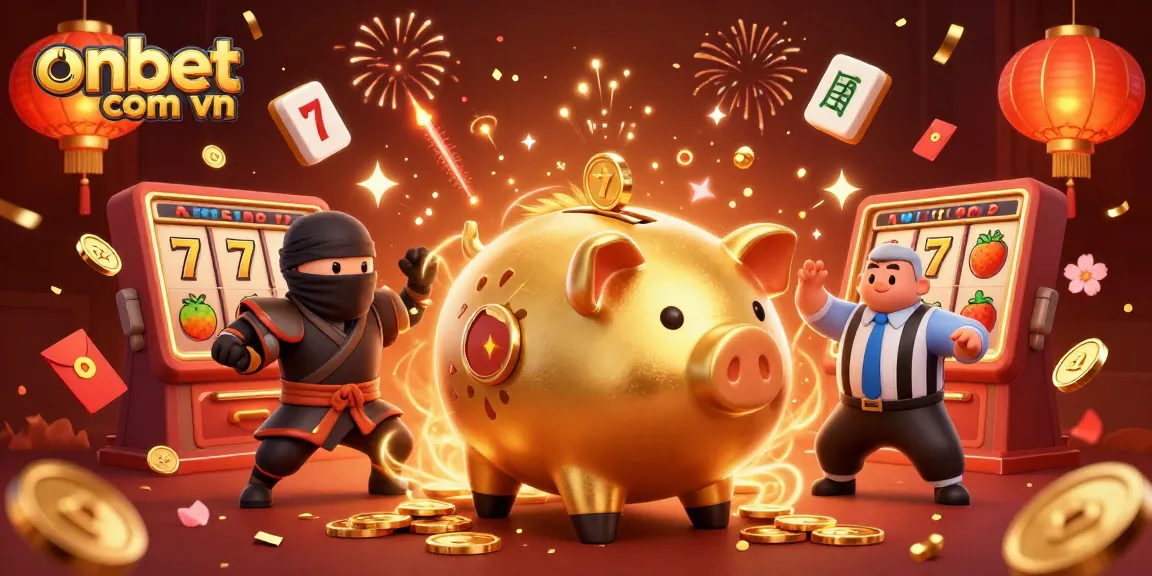 Engage with onbet com vn by winning at this vivid 3D casino scene, featuring exciting slot reels and dynamic characters.