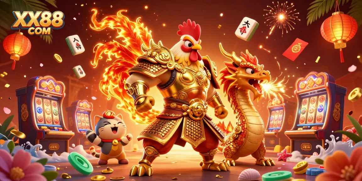 Experience wins at XX88 COM with our vibrant 3D casino illustration featuring a heroic rooster warrior and a dragon hatchling.