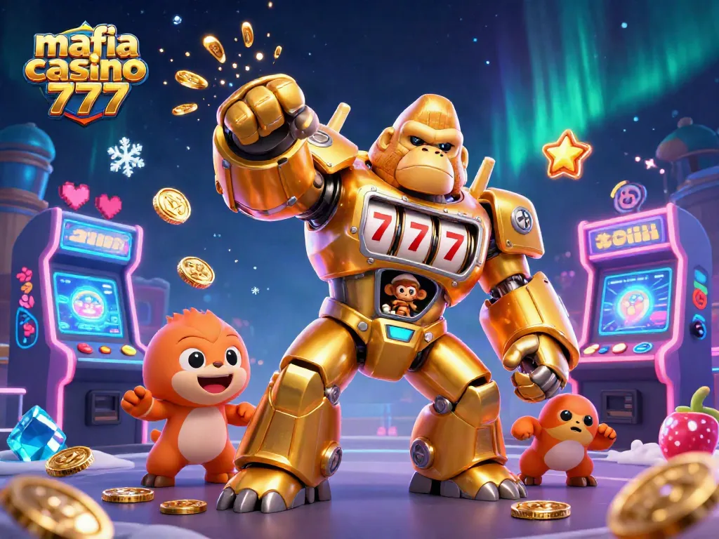 Experience exciting gameplay at mafia casino 777 with a dynamic 3D illustration of a golden gorilla mech.