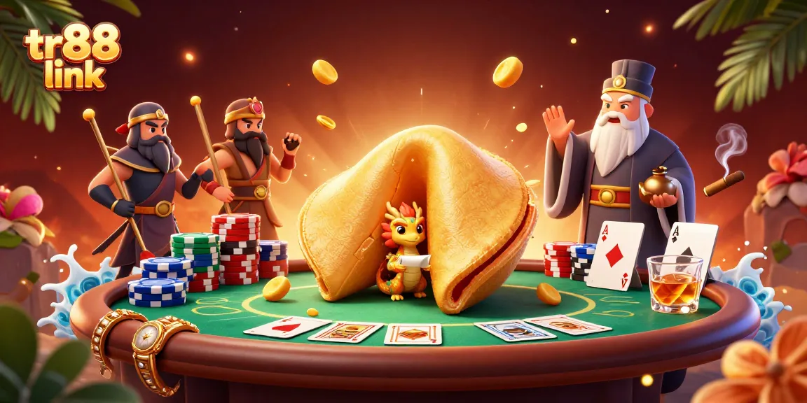 Engage with vibrant tr88 link gaming scene featuring a dragon and fortune cookie amidst poker action.