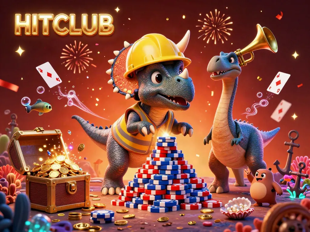 Experience the excitement of HITCLUB, where a triceratops builds poker chip towers amidst winning celebrations.