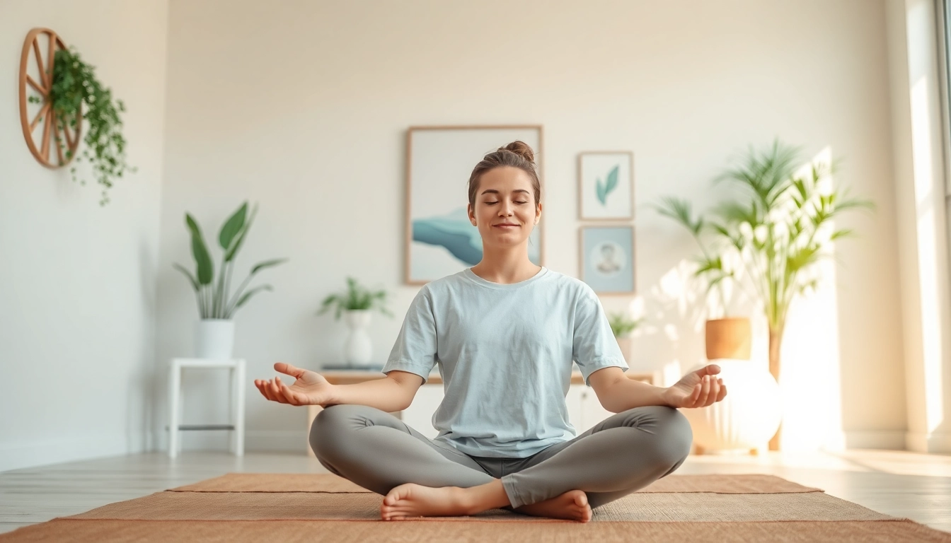 Practicing mindfulness techniques to reduce stress and anxiety in a calming indoor setting.