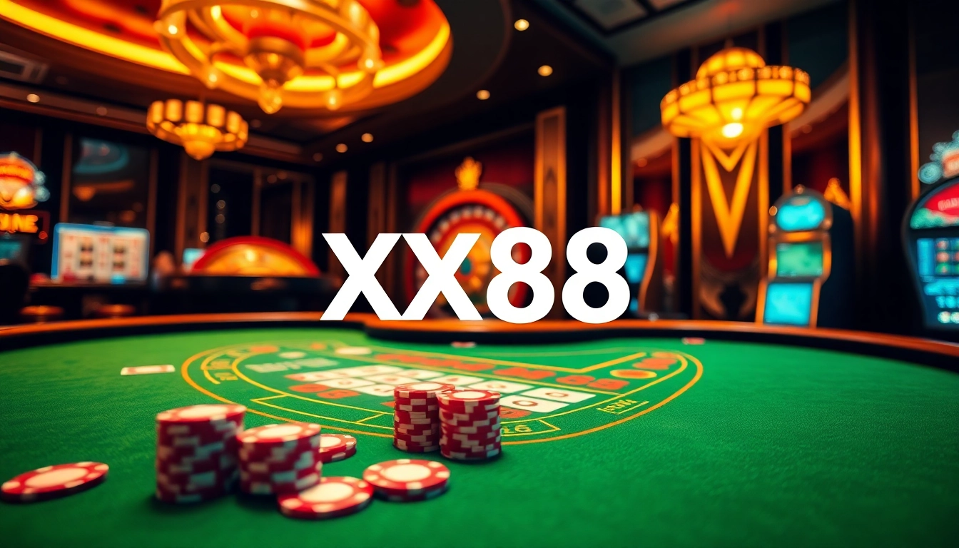 Experience the thrill of Baccarat at XX88's luxurious casino, featuring vibrant tables and classic gaming elements.