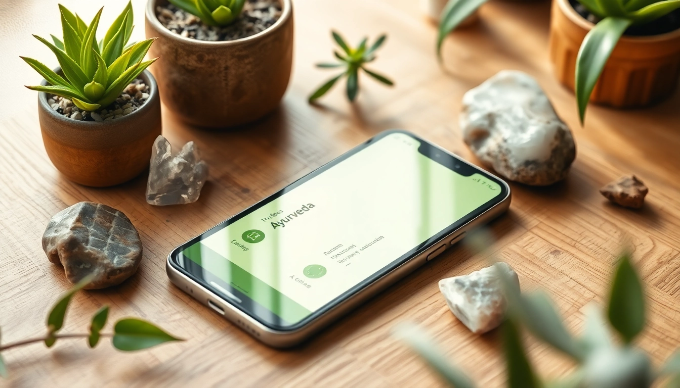 Showing Ayurveda Mobile App on mobile device in a serene setting, emphasizing wellness.