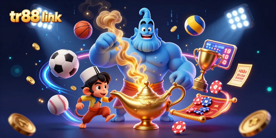 Bet on winnings with tr88 link in a vibrant casino scene, showcasing a genie, monkey, and magic carpet.