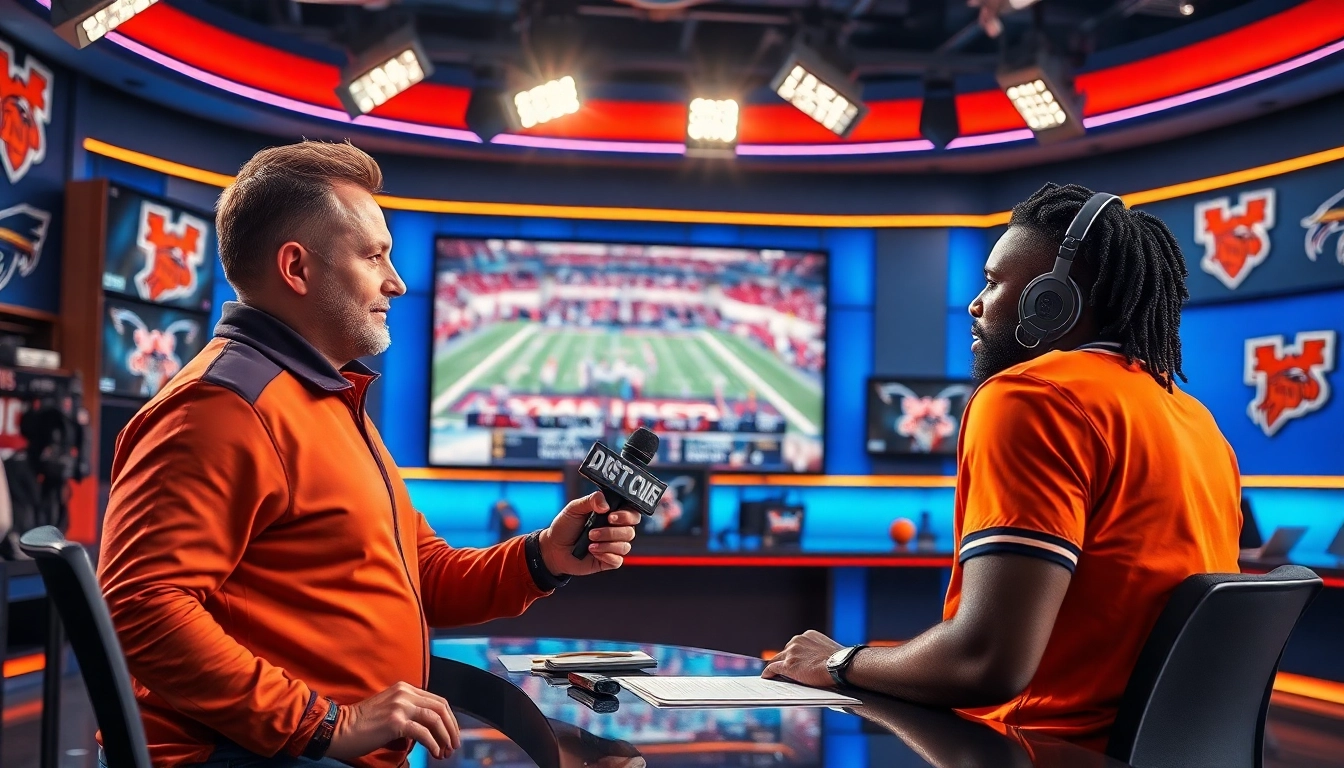 Engaging sports broadcasting scene featuring commentator and athlete in dynamic setup.