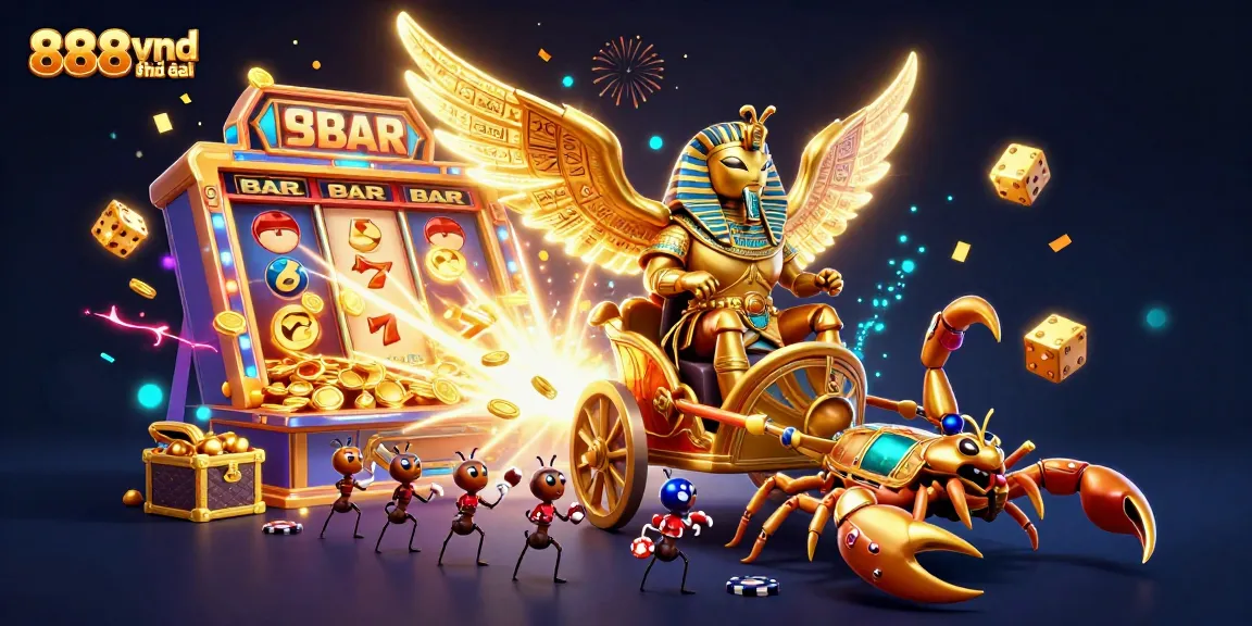 Experience excitement at 888vnd nhà cái with vibrant illustrations of slots, dice, and treasure.