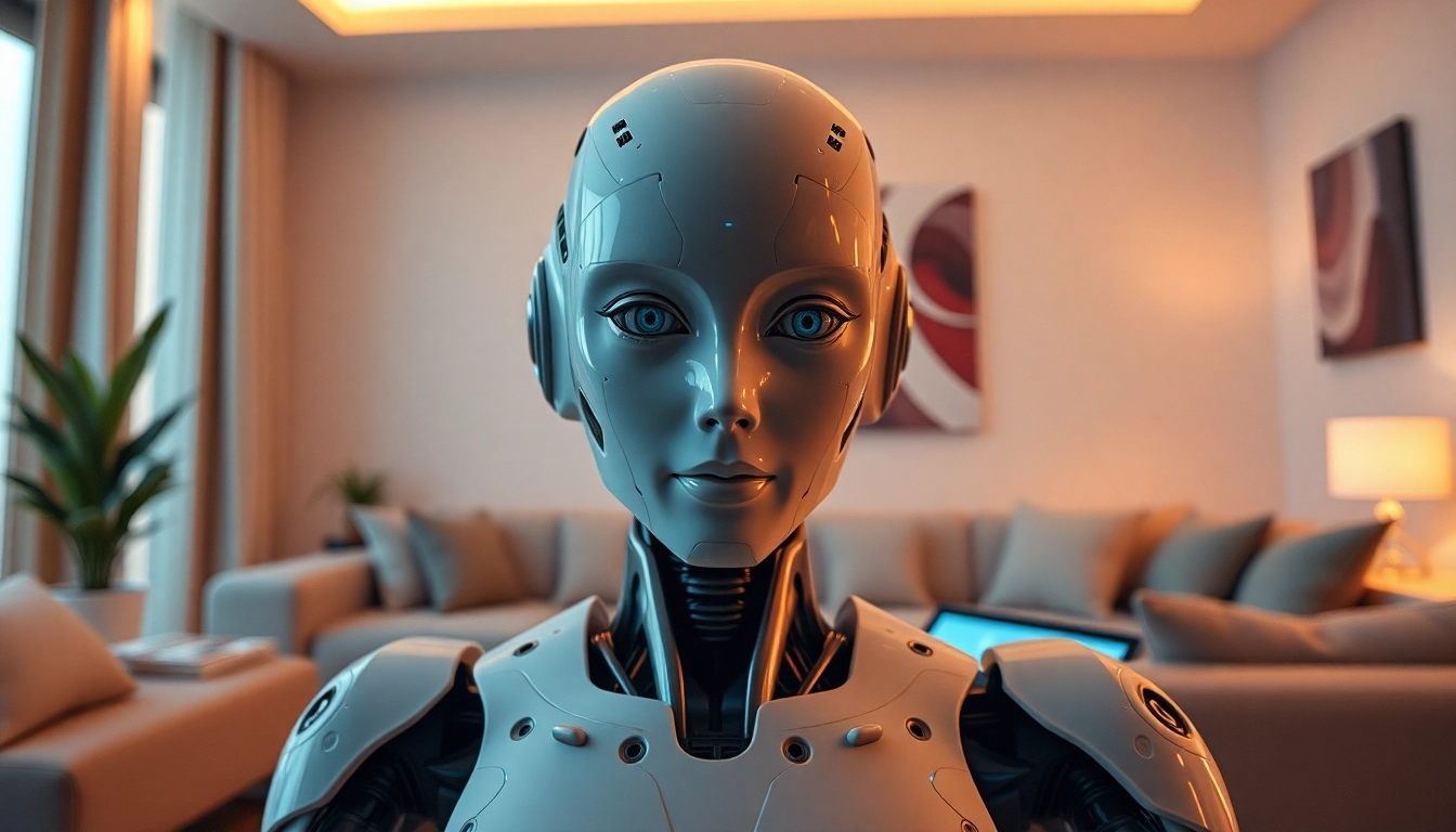 Realistic sex bot enhancing intimacy in a modern living room setting