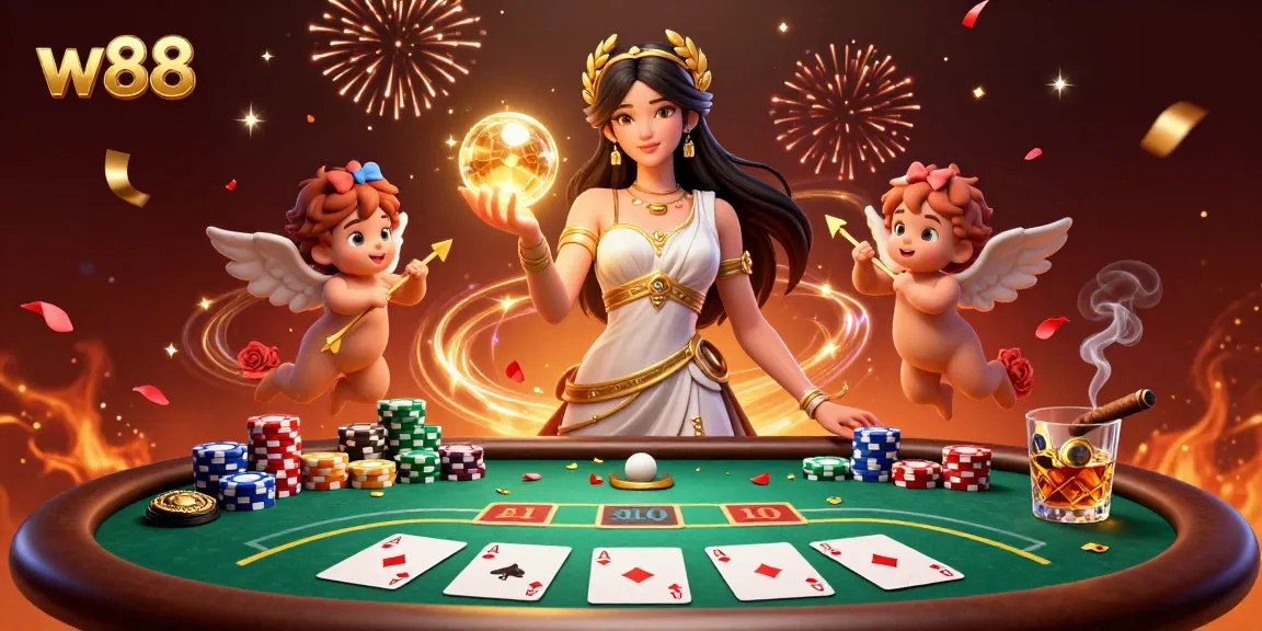 w88 engages players in a vibrant casino scene featuring poker elements and celebratory motifs.