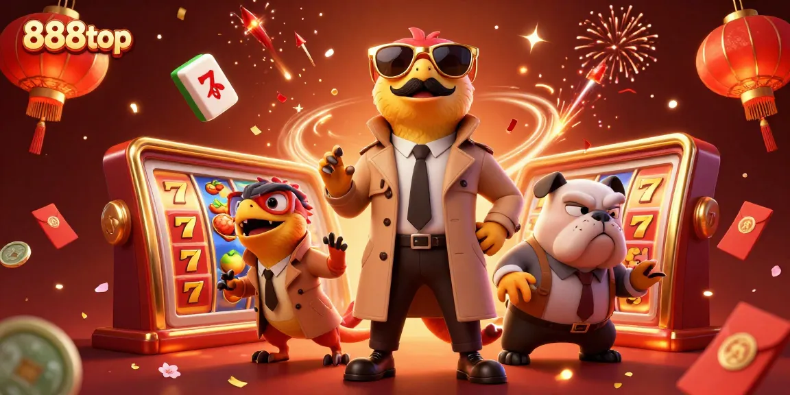 Experience the excitement of 888top with raptors in trench coats navigating a vibrant casino scene.