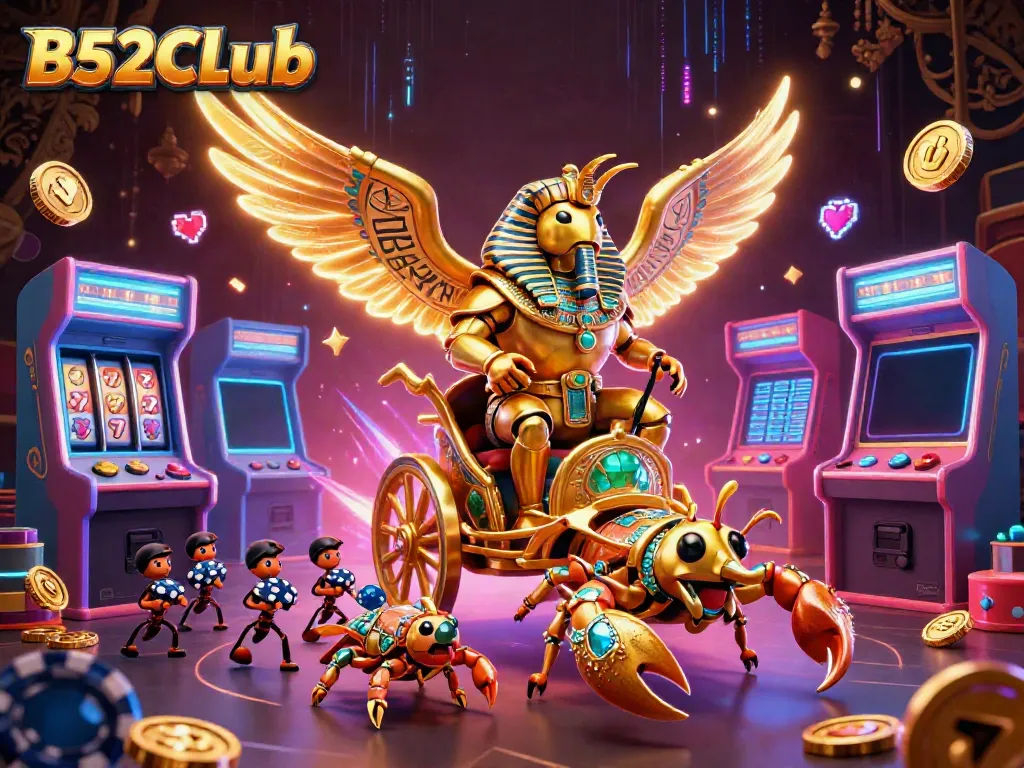Engage in thrilling casino fun with B52CLub's vibrant gaming scene showcasing a golden scarab and scorpions.