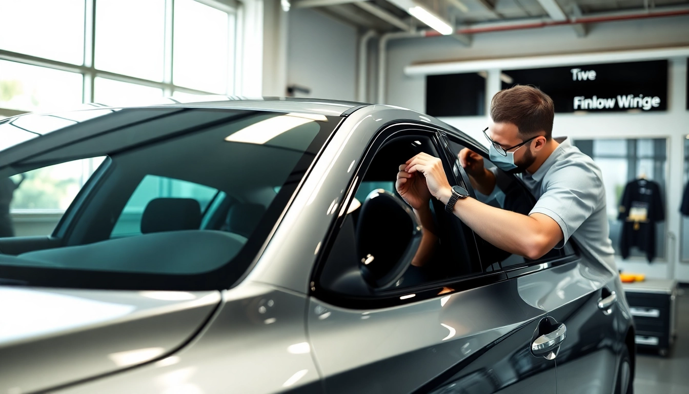 Applying ceramic window tint on a sleek car, showcasing expert techniques in a bright workshop.