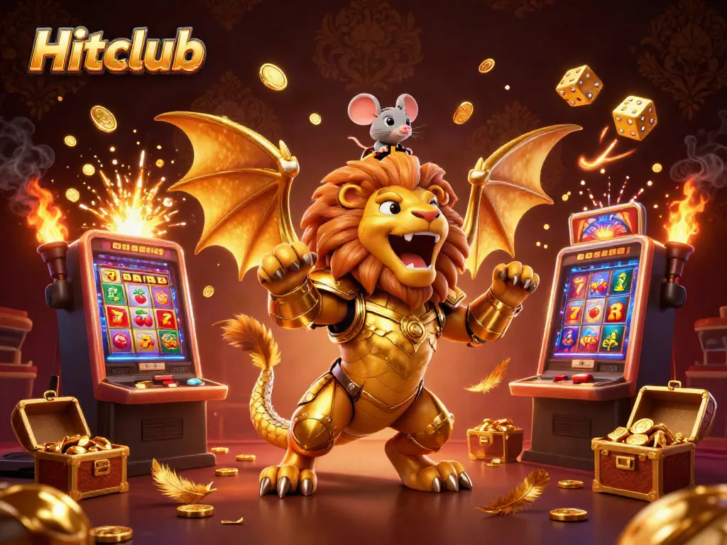 Engage with Hitclub's casino excitement featuring a roaring chimera creature, slot machines, and treasure.