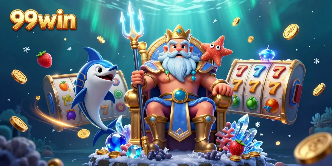 Experience the thrill of 99win casino with Neptune and gaming elements in this vibrant illustration.