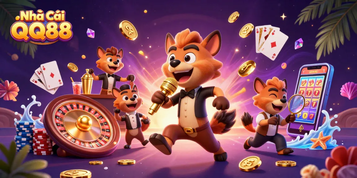 Engaging animation showcasing Nhà Cái QQ88 with hyenas in a vibrant casino setting, highlighting excitement and winning.