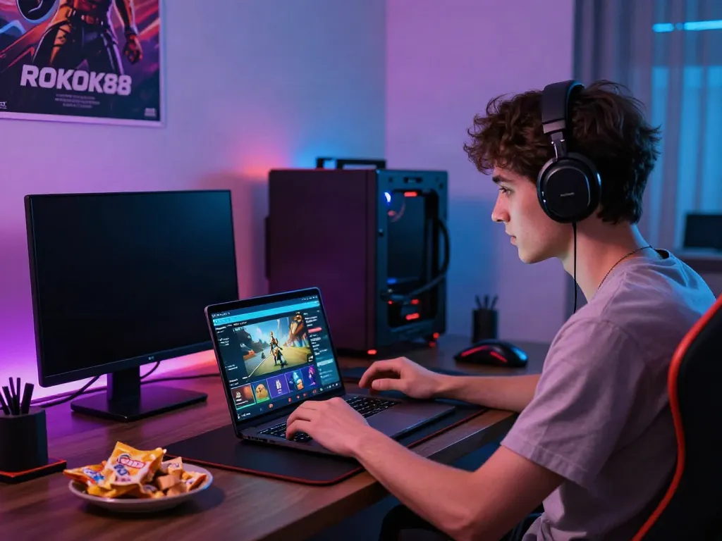 Engaging scene showcasing rokok88 login on a smartphone in a colorful gaming setup.