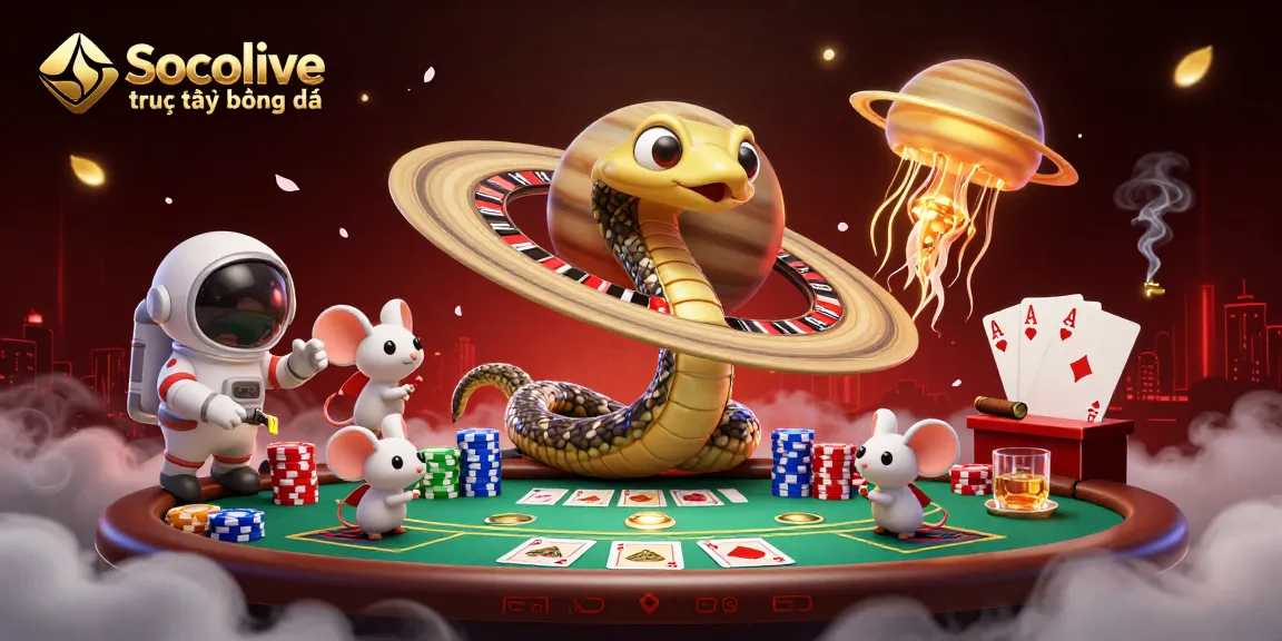 Place bets on Socolive trực tiếp bóng đá as a Saturn ring snake spins in a cosmic dealer scene.