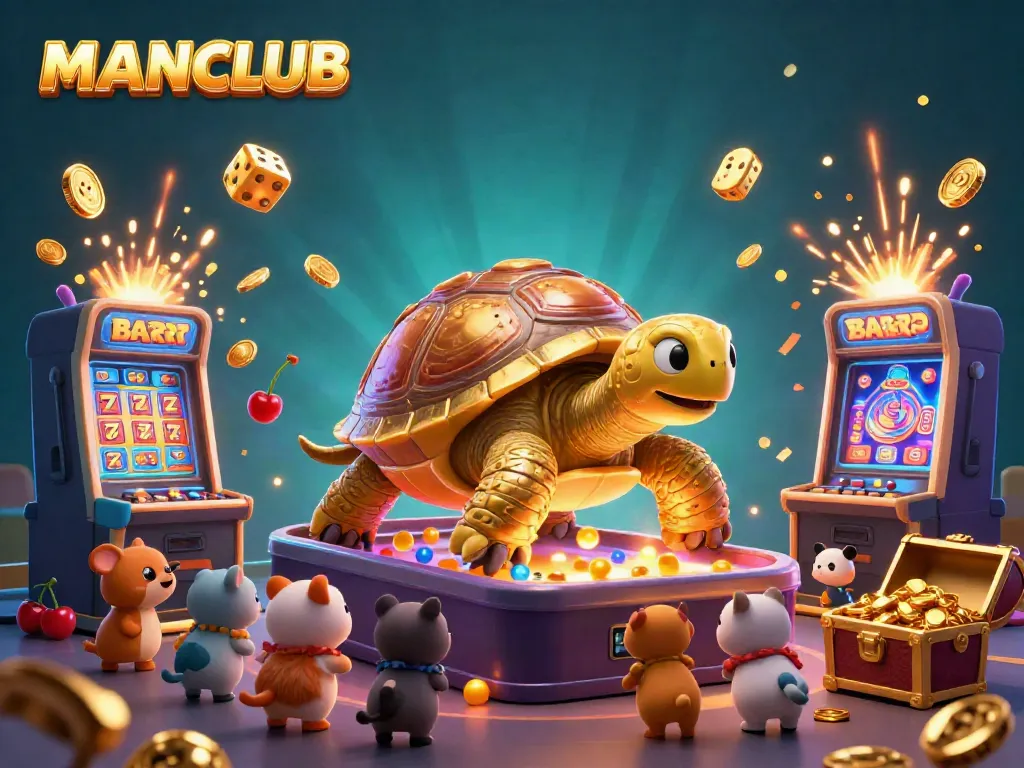 The MANCLUB scene depicts a colossal golden tortoise pinball machine, offering a vibrant casino experience.