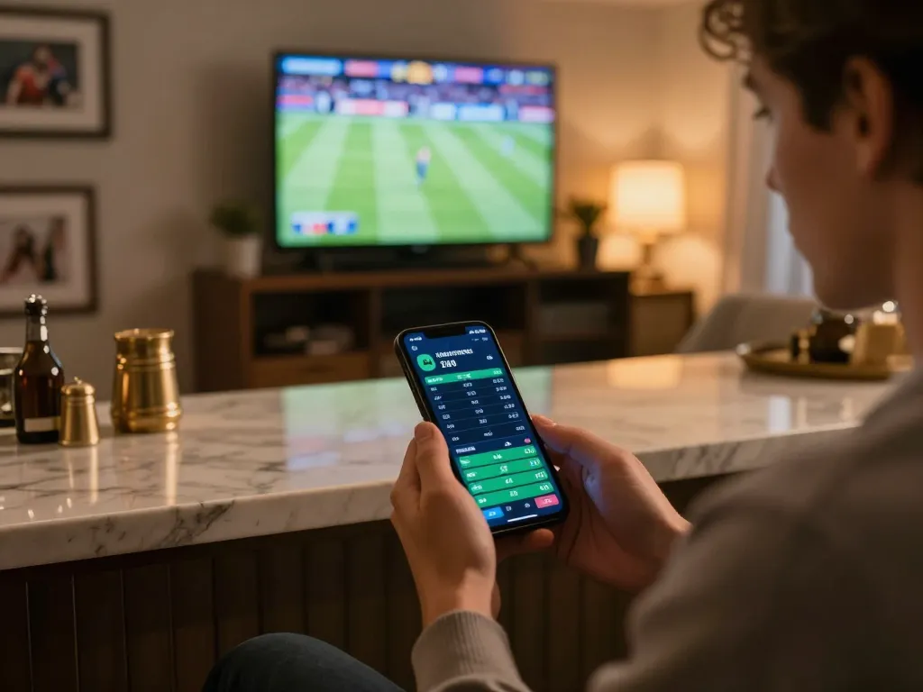 Engaging tin soi kèo scene of a person using a smartphone for sports betting with live stats displayed.