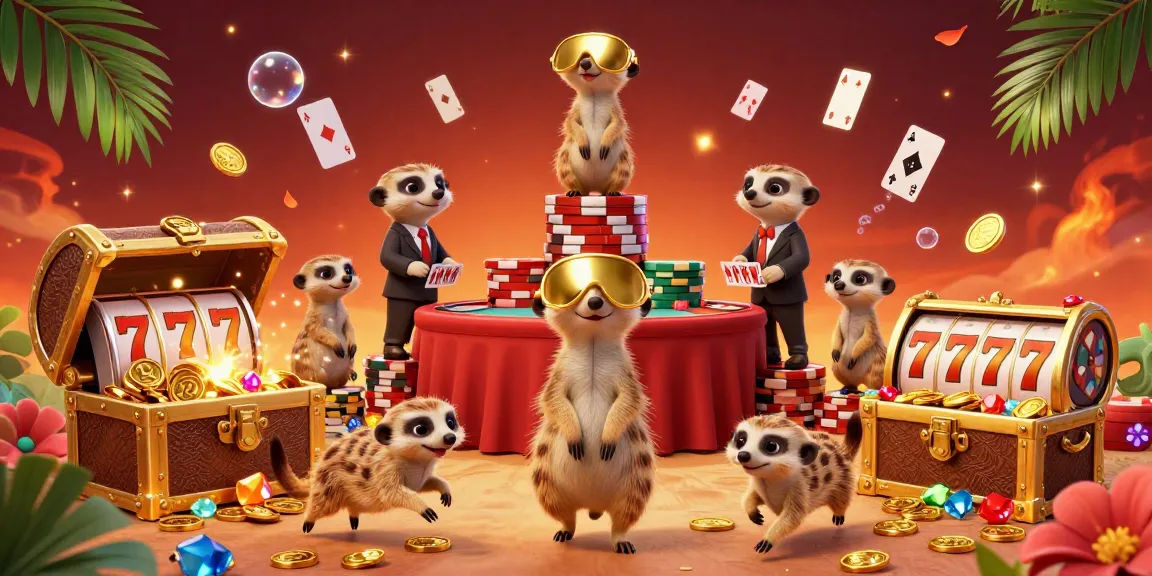 Engage with exciting slots at gg88, featuring a lively meerkat casino setup filled with treasures and game elements.