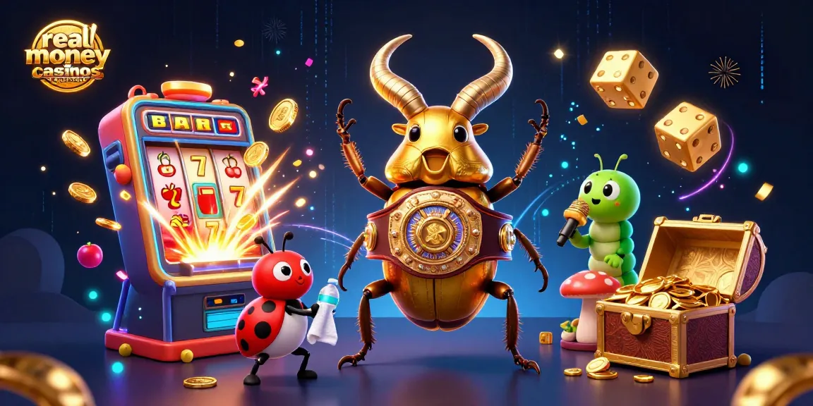 Engaging 3D scene of real money casinos australia with a golden stag beetle, slot machine, and fun casino elements.