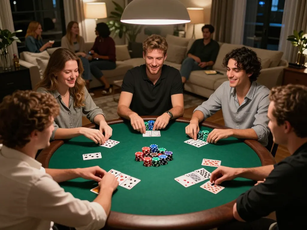 Friends enjoying poker night while playing at home, gaming interface showcasing xx88 com environment