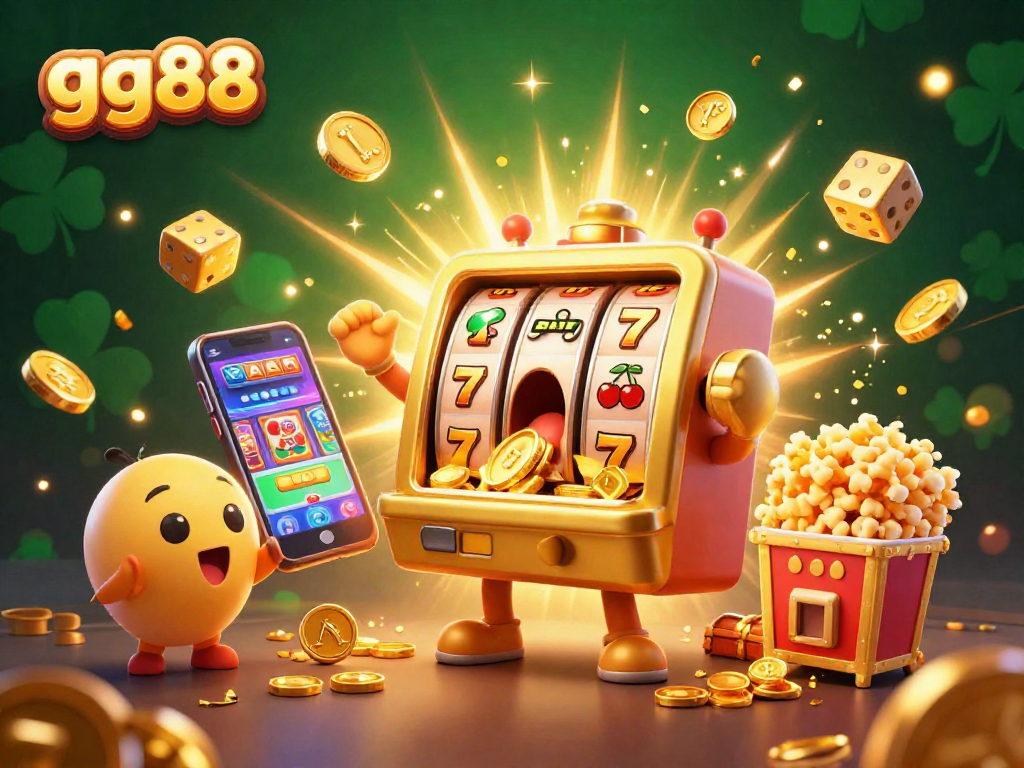 Experience the excitement of gg88 with a golden slot machine hitting a jackpot, surrounded by coins and cheering machines.