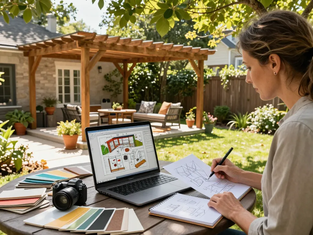 Visualize your dream outdoor space with a pergola 3D planner in a stunning backyard landscape.
