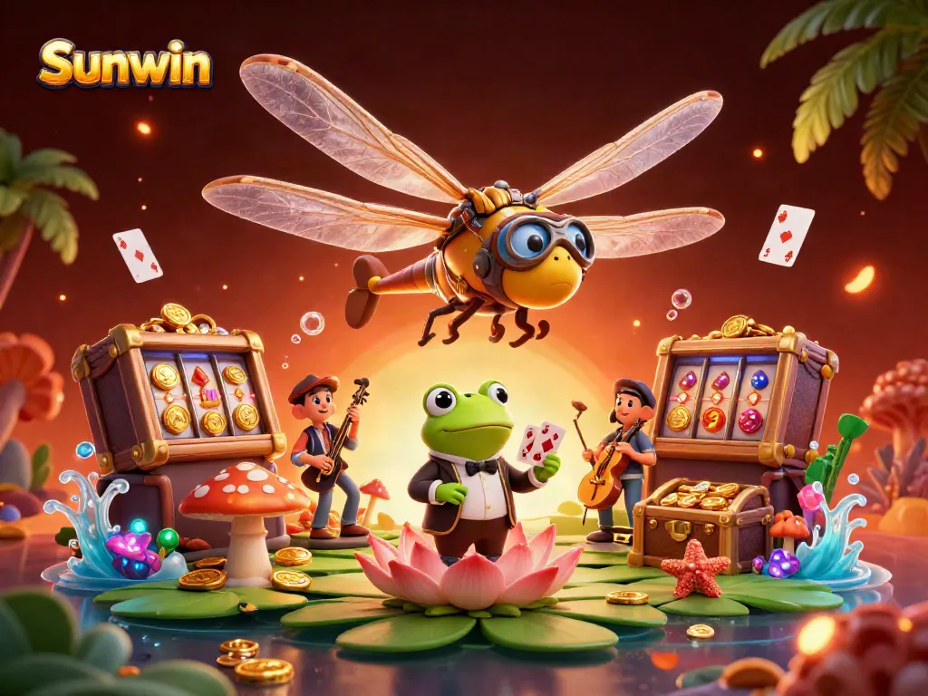 Experience the vibrant Sunwin casino scene with dragonfly pilot and frog croupier amidst dynamic gameplay in 3D.