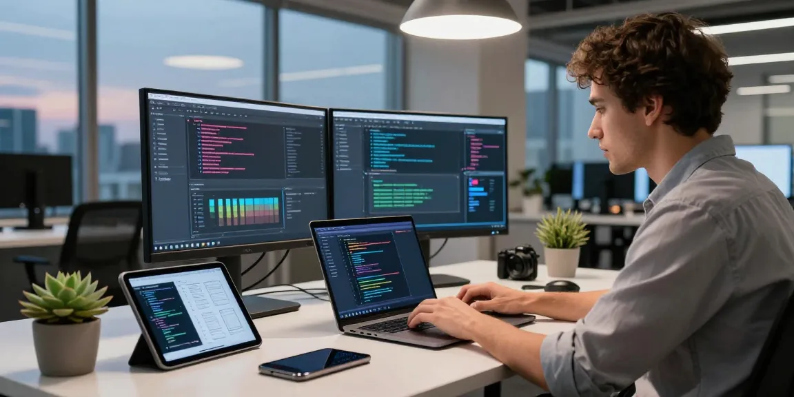 WPS Download illustration in a tech development workspace with dual monitors and a lively atmosphere.