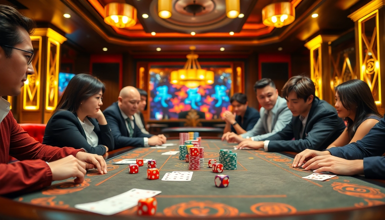 Tài xỉu md5 game showcasing exciting gameplay with vibrant dice and betting slips at a luxurious casino.