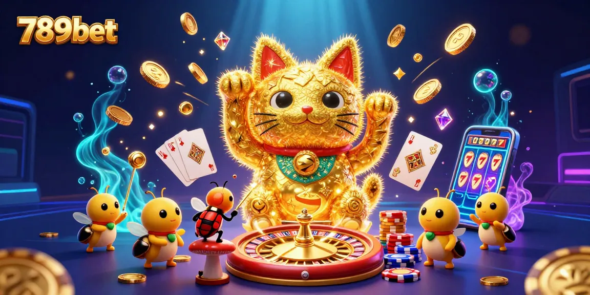 Experience winning moments with 789bet as vibrant golden fireflies create a lucky cat in this dazzling casino scene.
