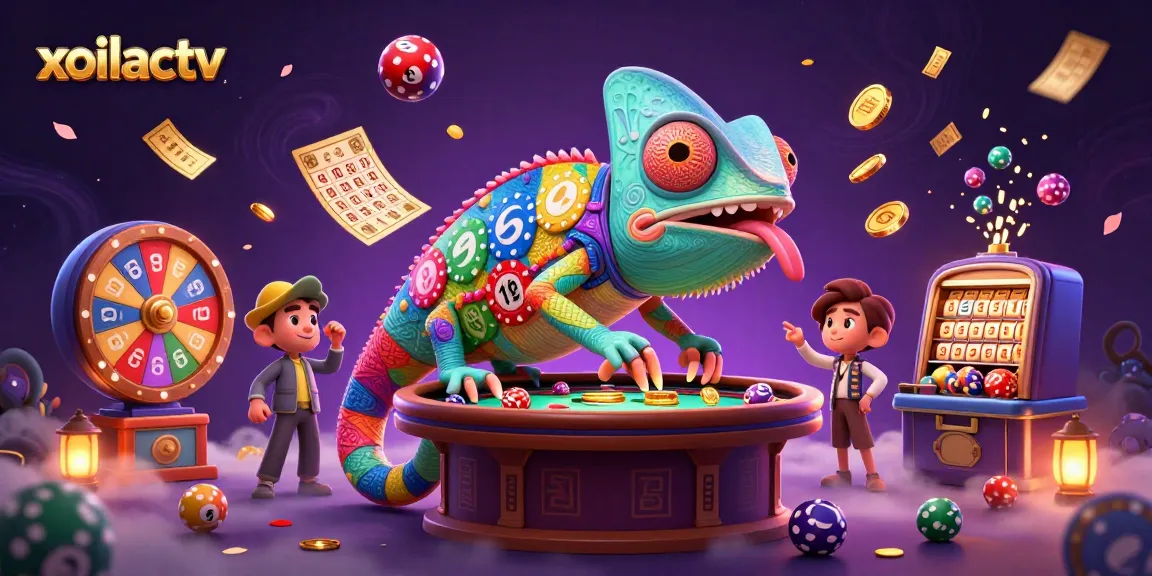 Experience exciting betting actions with xoilactv, featuring a colorful chameleon casino owner amidst vibrant gambling elements.