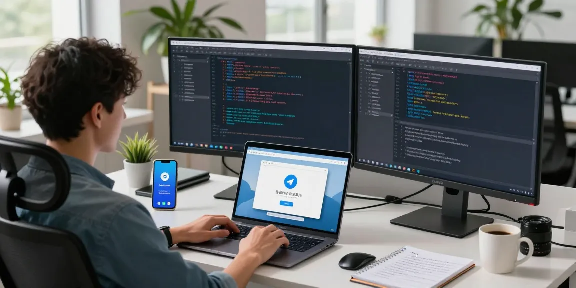 Adjusting Telegram Chinese language settings on a laptop in a modern workspace.