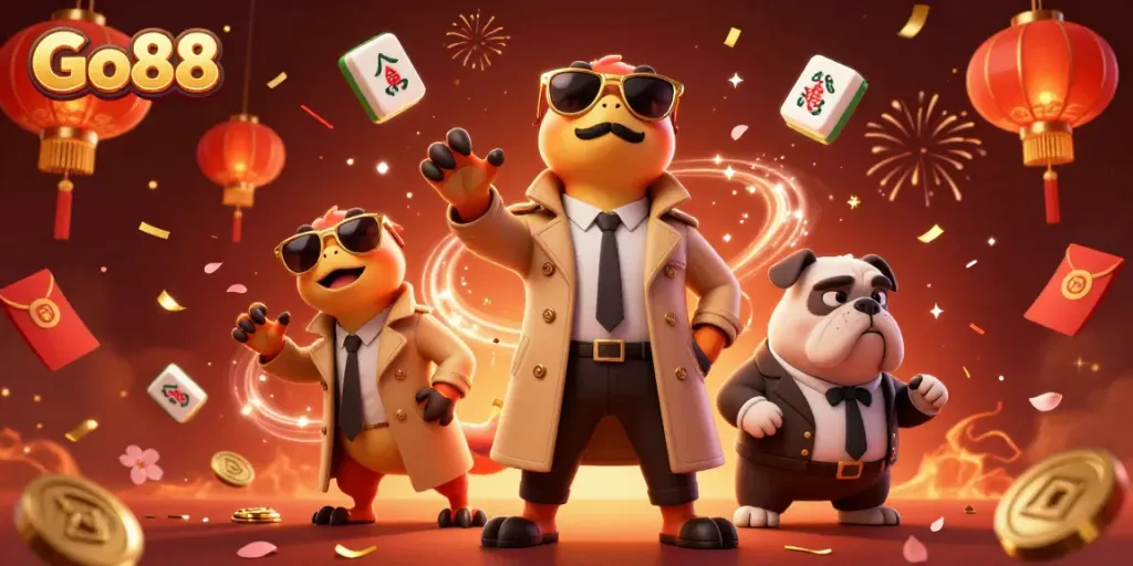 Experience thrilling gameplay with Go88, where raptors and a bulldog create a fun casino scene.