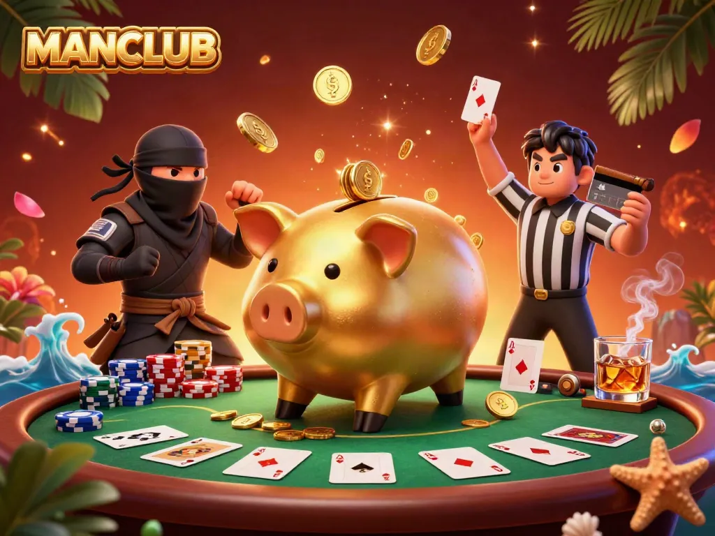Experience the thrill of MANCLUB with dynamic characters in a vibrant casino scene featuring poker elements.