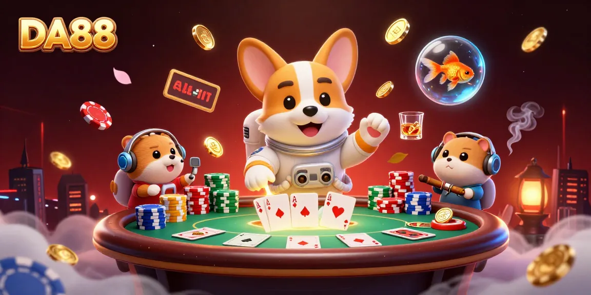 DA88 showcases a vibrant casino atmosphere with astronauts, poker elements, and dynamic action.