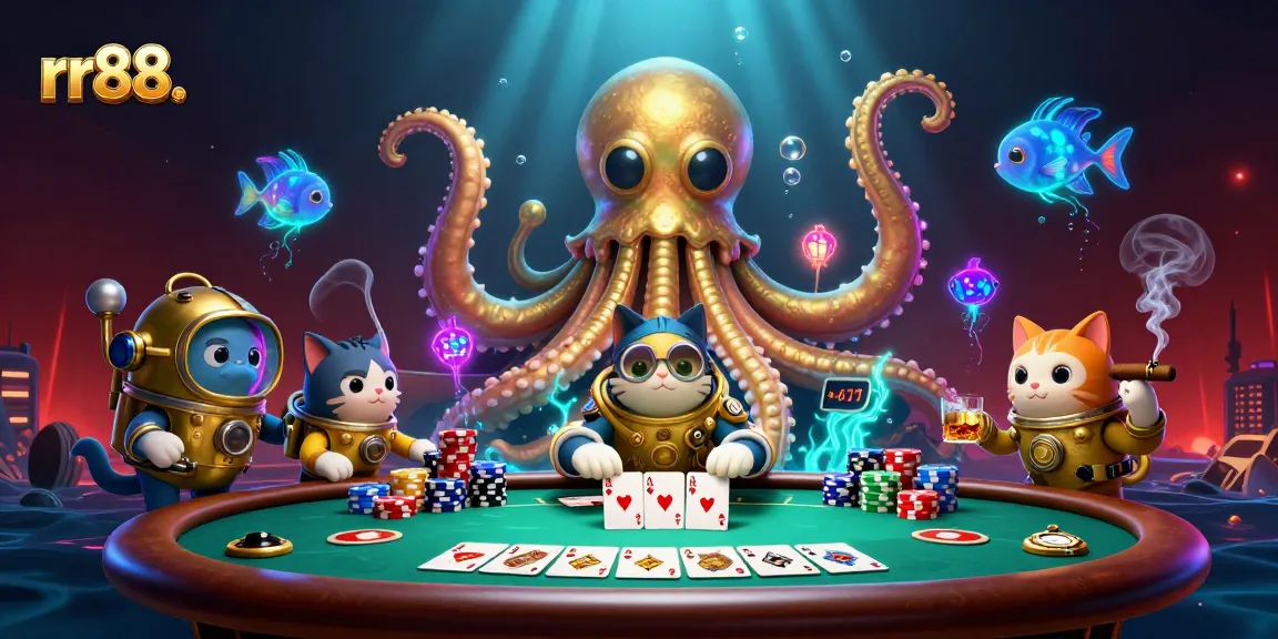Engage with rr88. at this vibrant casino scene featuring a kraken, diving cat, and poker elements.