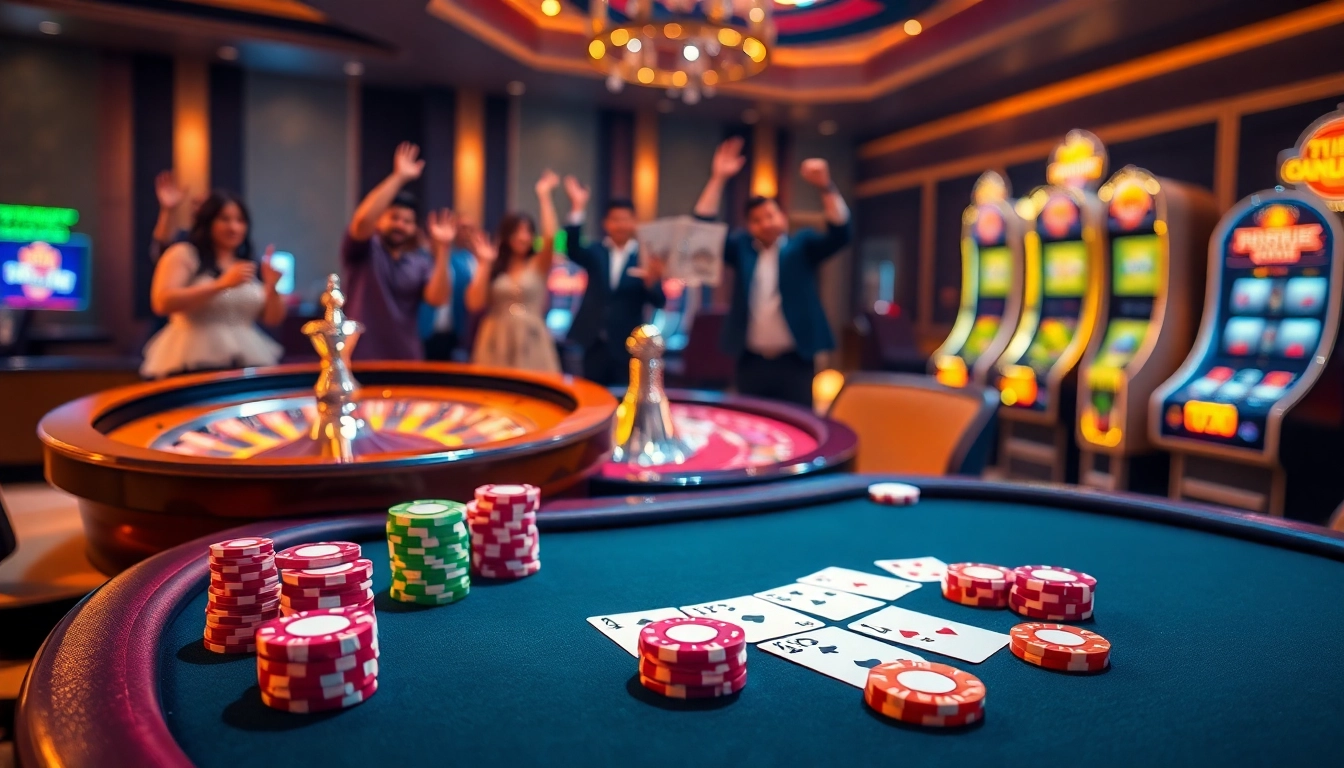 Excited players engaging with tg88 online casino elements including poker chips and a roulette wheel.