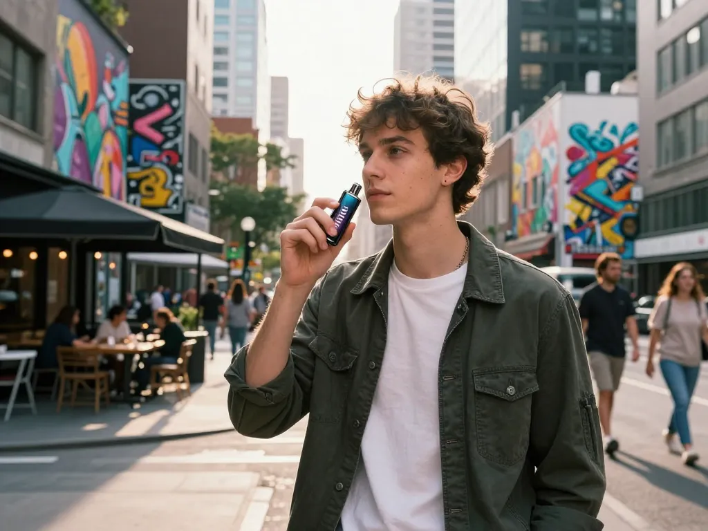 Giovane adulto alla moda che utilizza il vape pen Puff THC Italia in un vivace ambiente urbano