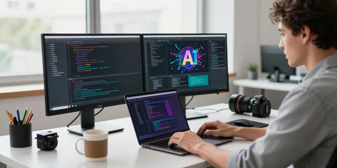 Dynamic tech workspace showcasing spicy AI development with coding on dual monitors, developer engaged with innovative tools.