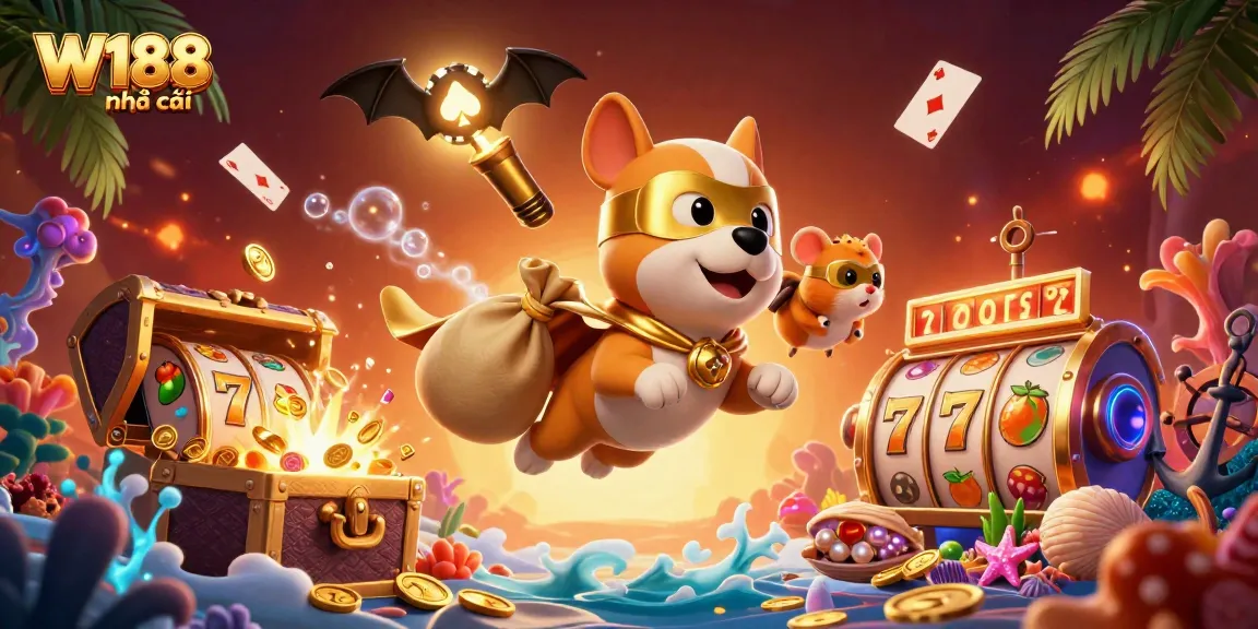 Experience thrilling wins with W188 nhà cái featuring a superhero dog and vibrant casino elements.