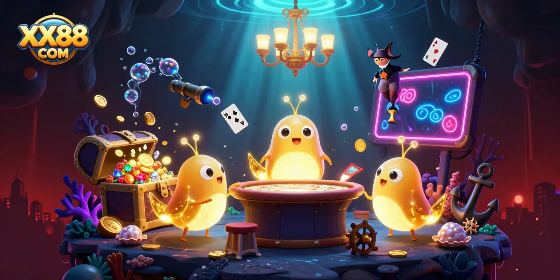 Light up your game with XX88 COM: a vibrant, immersive casino scene featuring glowworms and colorful treasures.