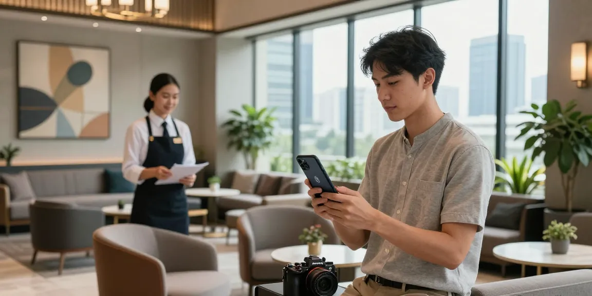 Guest at ROKOK88 Hotel Jakarta Pusat using rokok88 login in modern hotel lobby.