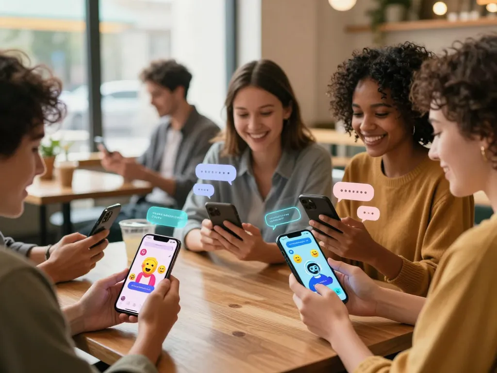 Adults interacting with friendly AI chatbots in a cafe, exploring sex AI chat conversations.